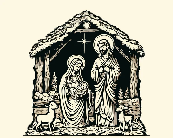 耶稣降生的圣诞场景 一张简单的圣诞绘画 — 图库照片