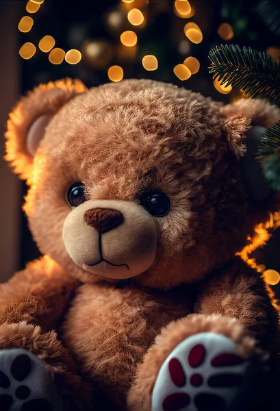 A sweet teddy bear as a Christmas gift in a Christmas arrangement.