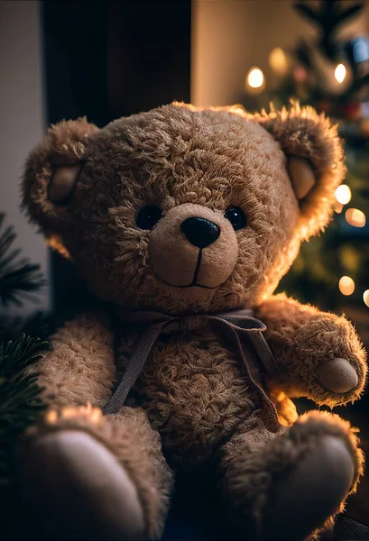 A sweet teddy bear as a Christmas gift in a Christmas arrangement.