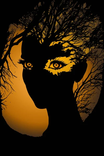 Contours of a mysterious mystical female figure made of shadow, outline of trees, branches on an orange-yellow background
