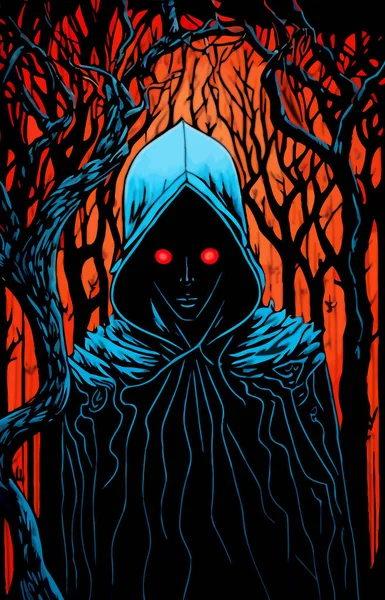 A scary hooded character with red eyes in a spooky forest