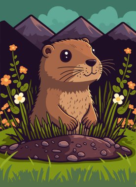 Groundhog day. Groundhog icoming out from burrow. Cartoon graphics.