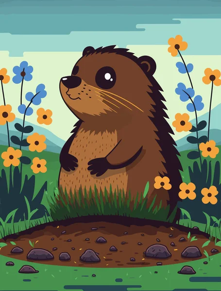 Groundhog Day Groundhog Icoming Out Burrow Cartoon Graphics — Stock Photo, Image