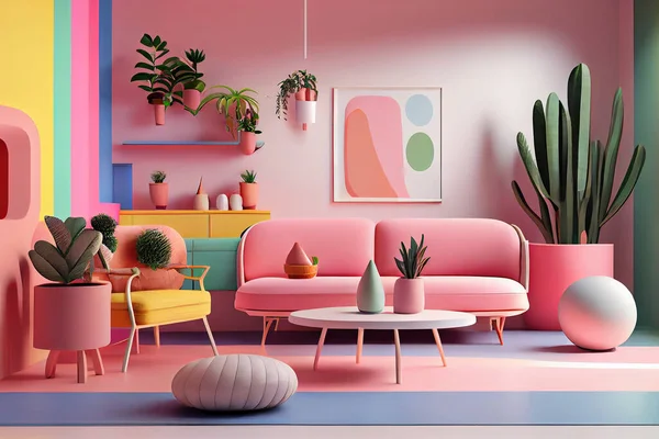 Interior of a modern room in pink pastel colors.