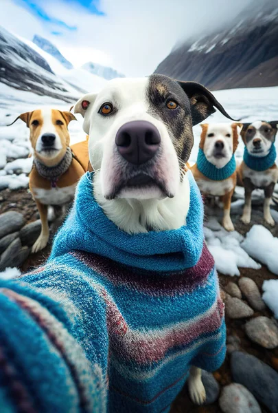 Σκυλιά Στα Χειμερινά Πουλόβερ Βγάζουν Μια Σέλφι Στα Βουνά Εικόνα Αρχείου