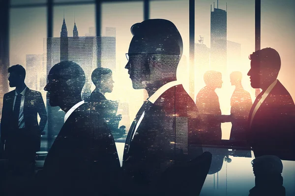 Businessmen in the office against the backdrop of the setting sun. Double exposure.