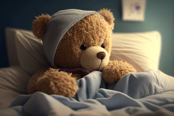 A sick teddy bear lies in a bed.