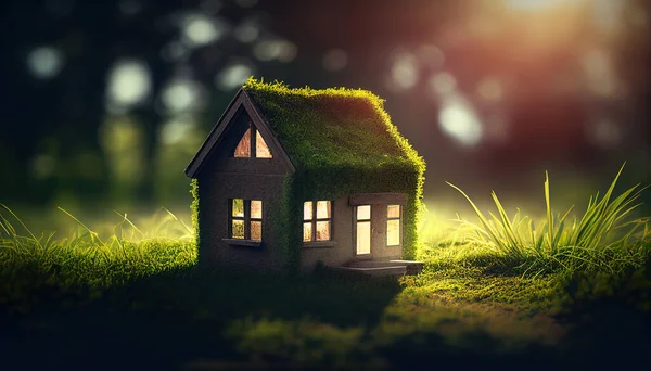A small house covered with grass and moss. The concept of ecology, unity with nature.