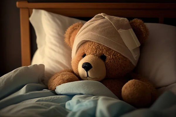 Sick teddy bear lying in bed.