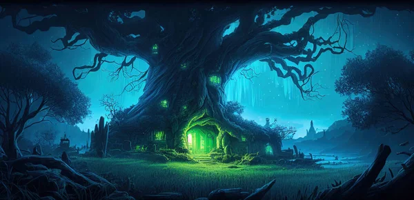 Door Huge Magical Tree Fantasy World Royalty Free Φωτογραφίες Αρχείου