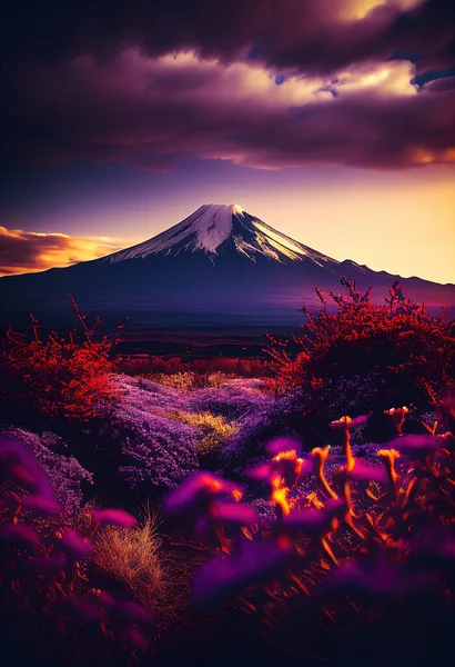 View Mount Fuji Sunset Leaves Foreground Φωτογραφία Αρχείου