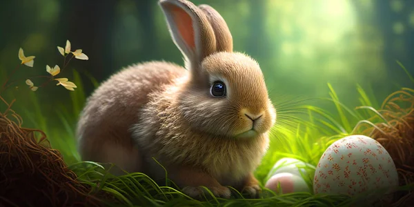 Schattige Bunny Met Paaseieren Bloemrijke Weide — Stockfoto