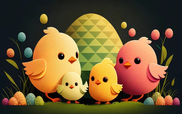 Easter illustration with chicks and Easter eggs.