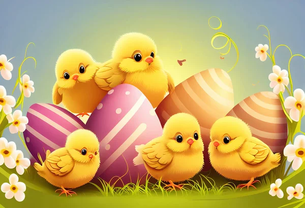 Easter illustration with chicks and Easter eggs.