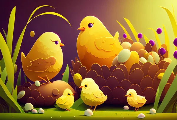 带小鸡和复活节彩蛋的复活节插图 — 图库照片