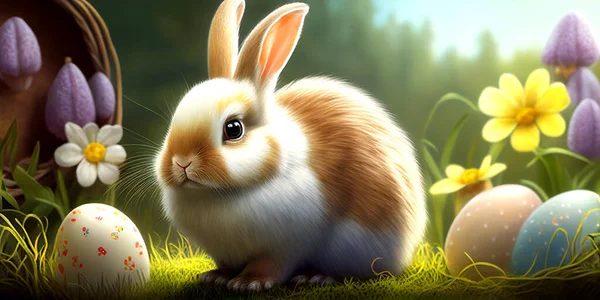 Schattige Bunny Met Paaseieren Bloemrijke Weide — Stockfoto