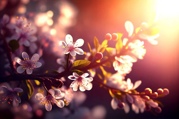 Nahaufnahme Blühender Mandelbaumknospen Prunus Triloba Sonneneruption Und Bokeh — Stockfoto
