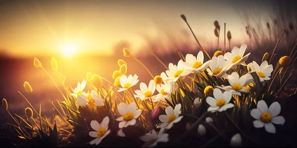Detailní Záběr Divokých Bílých Květin Louce Paprscích Vycházejícího Nebo Zapadajícího — Stock fotografie