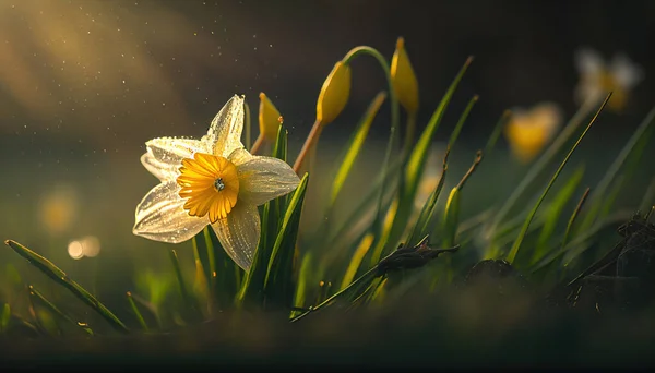 Zblízka Jeden Narcis Krásném Ranním Slunci — Stock fotografie