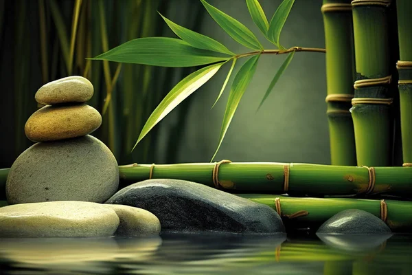 用石头和竹子做的温泉背景 — 图库照片