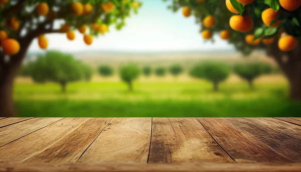 Portakal Ağacının Üzerinde Boş Yer Olan Boş Ahşap Masa — Stok fotoğraf