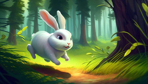 White cartoon rabbit runs in the forest.