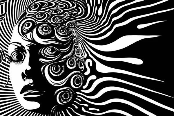 Psychedelic abstract black and white female face made of black contour lines.