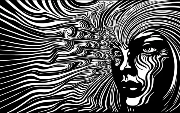 Psychedelic abstract black and white female face made of black contour lines.