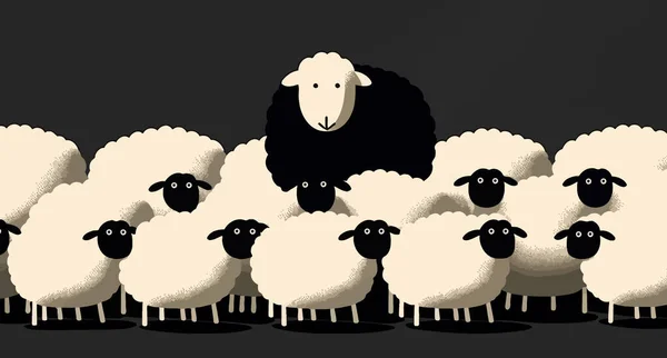 Паршивая Овца Прячущаяся Среди Белых Пресловутая Овца Концепция Хитрости Скрывания — стоковое фото
