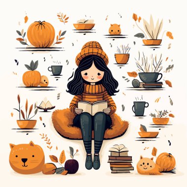 Sonbahar manzarasında kitap okuyan bir kız. Favori hobi konsepti