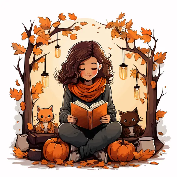 Sonbahar Manzarasında Kitap Okuyan Bir Kız Favori Hobi Konsepti — Stok fotoğraf