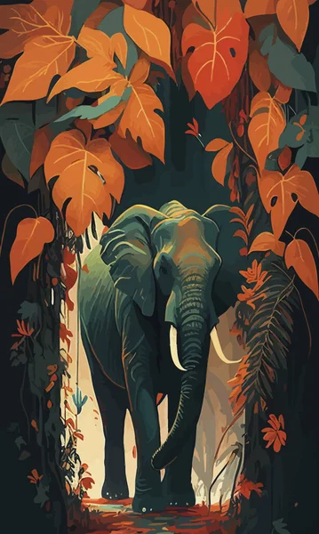 Elephant in the jungle. Poster graphics. Dark green, brown and orange colors.