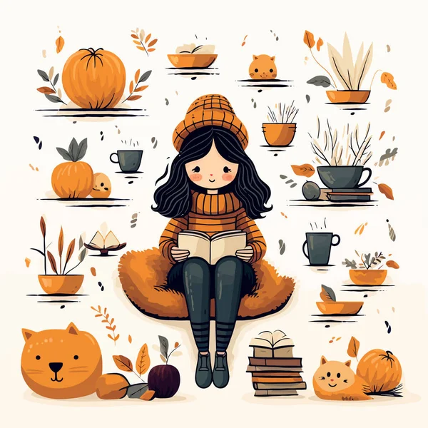 Uma Rapariga Ler Livro Outono Conceito Hobby Favorito Imagem De Stock
