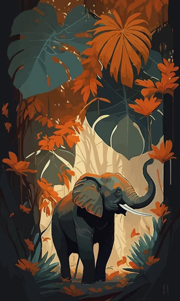 在丛林里的大象 海报图形 深绿色 褐色和橙色 图库图片