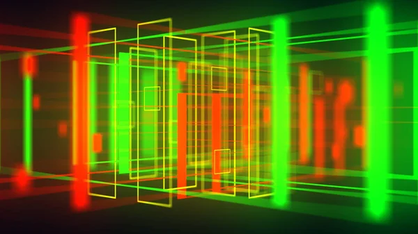Colorful red and green 3D geometrical neon space background VJ loop. Glossy colorful shapes
