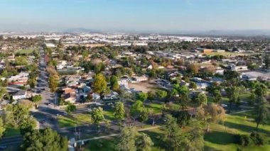 Aerial view of Ontario city in California with mountains in the background, California, USA