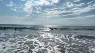Del Mar Sahili, Kaliforniya, ABD 'de sörfçülerin hava manzarası..