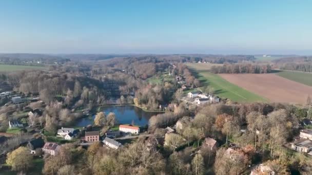 Widok Powietrza Domy Otoczone Lasem Wsi Walonia Belgia Europa — Wideo stockowe