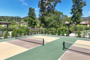 San Diego 'da bir banliyö parkındaki oyun parkının yanında sahası olan bir turşu topu kompleksinin hava manzarası.