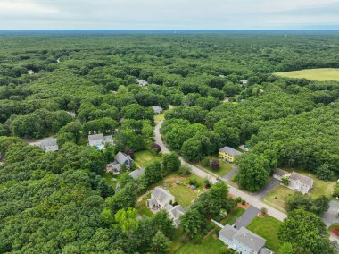 Sharon, Norfolk County, Massachusetts 'teki Suburban mahallesinin yeşil ormanlık ve büyük villa manzarası..