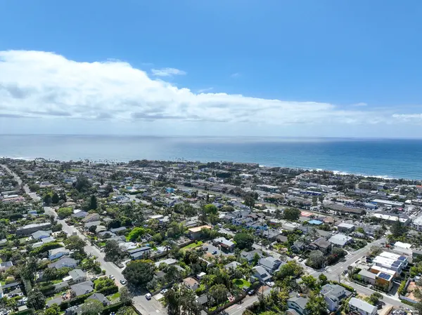San Diego, Güney Kaliforniya, ABD 'de mavi okyanuslu zengin Encinitas kasabasının hava manzarası. 