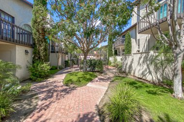 Beton yolu olan apartmanlar ve Carlsbad, San Diego, ABD 'de ağaçları olan bahçeler. 26 Haziran 2025