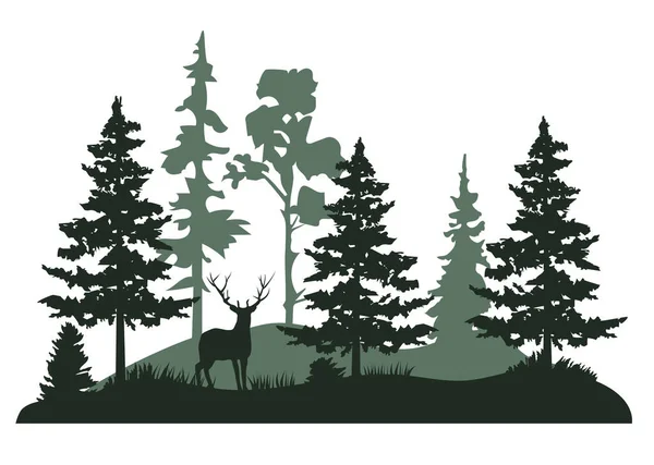 Vector Ilustración Bosque Pinos Ciervos Fondo Naturaleza — Archivo Imágenes Vectoriales