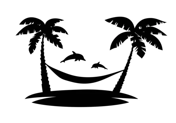 Plajın Vektör Çizimi Palmiye Ağaçları Yunuslar Plaj Logosu Tasarım — Stok Vektör