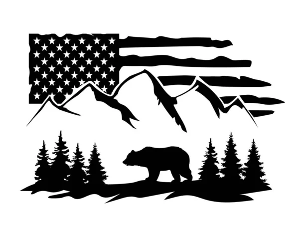 Διανυσματική Απεικόνιση Μιας Αρκούδας Δάσος Μια Αμερικανική Σημαία — Διανυσματικό Αρχείο