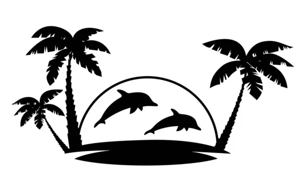 Διανυσματική Απεικόνιση Μιας Παραλίας Φοίνικες Δελφίνια Λογότυπο Παραλίας Σχέδιο — Διανυσματικό Αρχείο