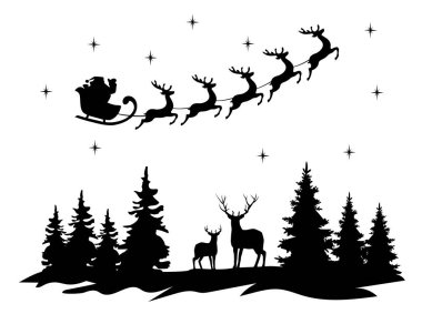 Noel 'in vektör çizimi, Ren geyikli kış sahnesi, ağaçlar
