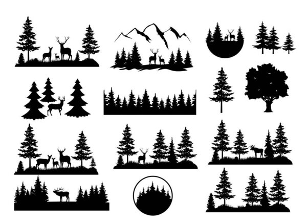 vector illustration of Christmas, winter scene with reindeer, trees