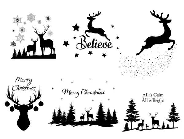 Ilustração Vetorial Natal Cena Inverno Com Renas Árvores — Vetor de Stock