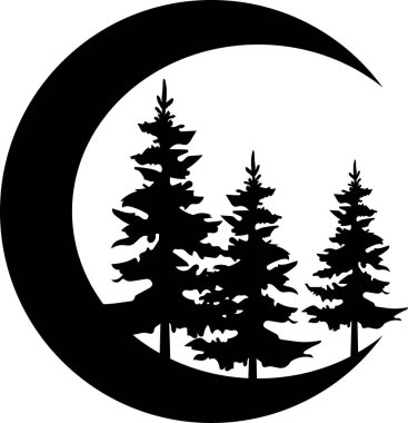 Ay 'ın vektör çizimi hilal ve orman, ağaçlar, logo.